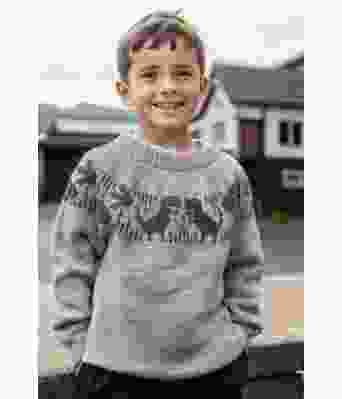 Dinosaurgenser grå med jeansblått mønster - Strikkia 2024-004-513527