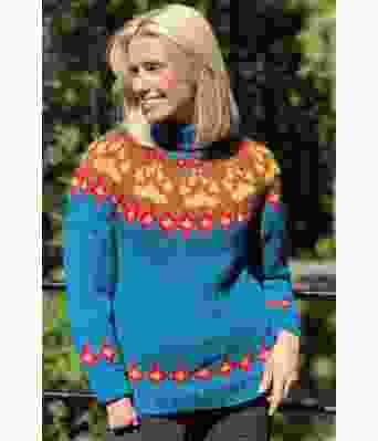 Mørketurkis villmarksgenser med brunt og gult mønster - Linka Neumann design VGHG0015B