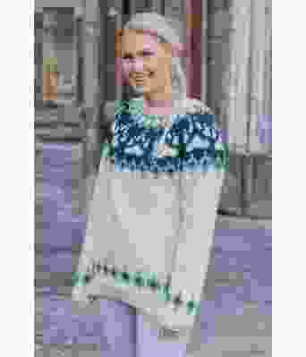 Naturhvit villmarksgenser med turkis mønster - Linka Neumann design VGHG0048